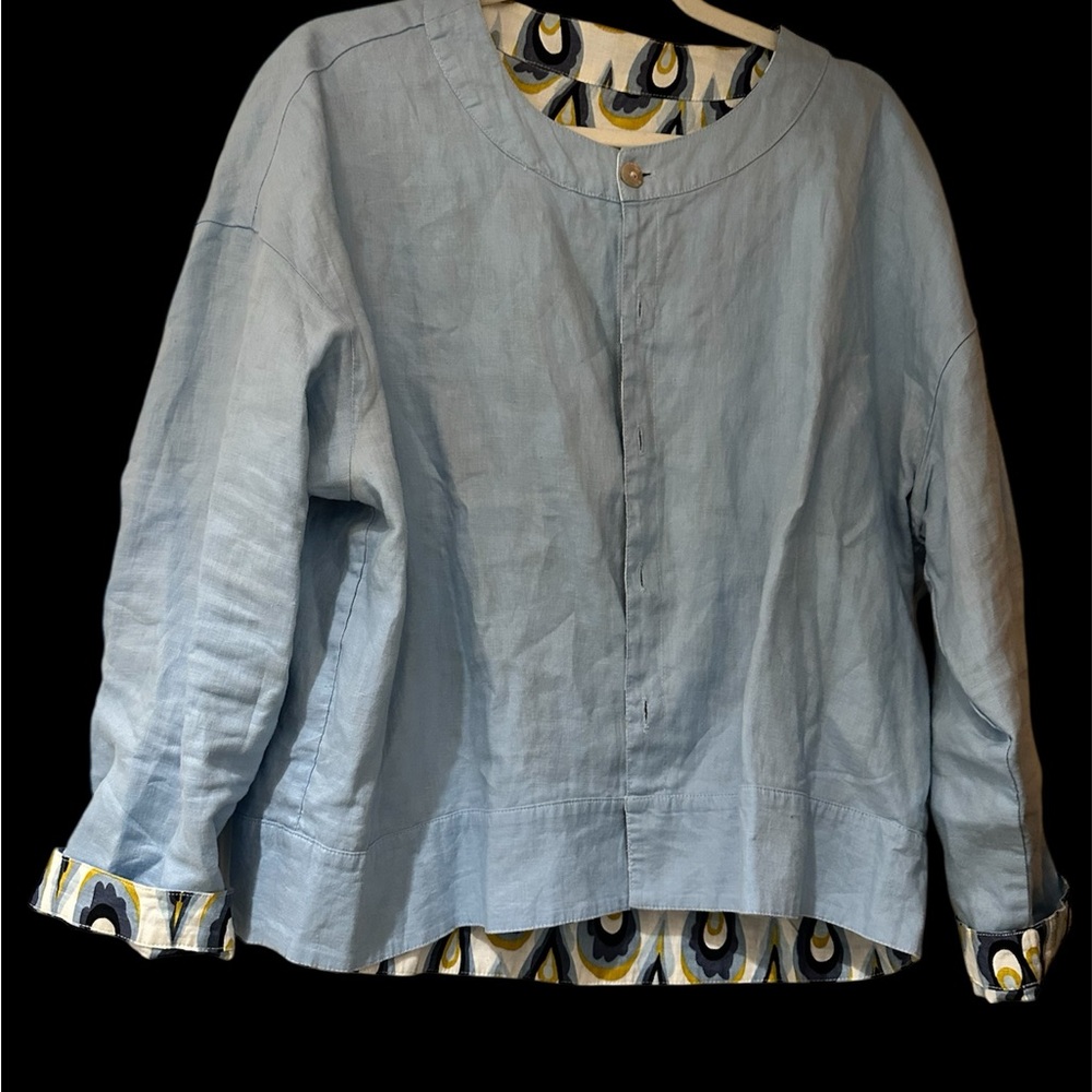Light Blue 100% Linen Oversized & Reversible Blazer with Paisley Underside